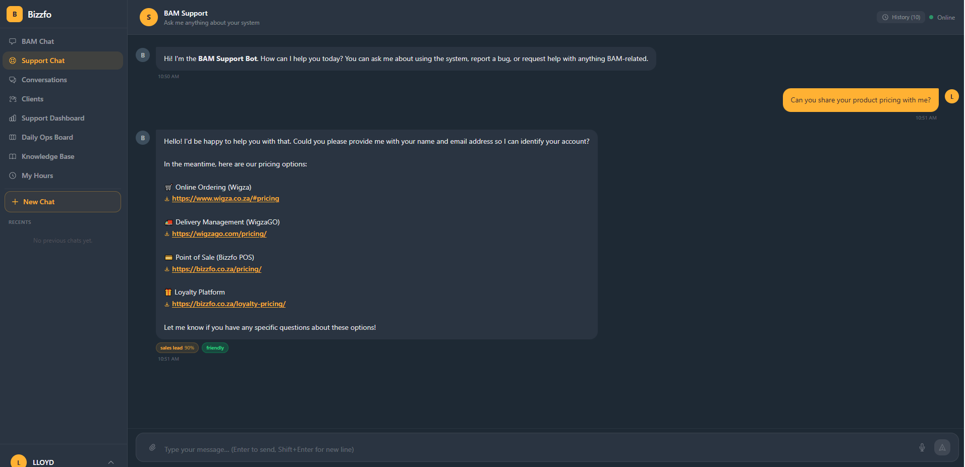 AI support chat